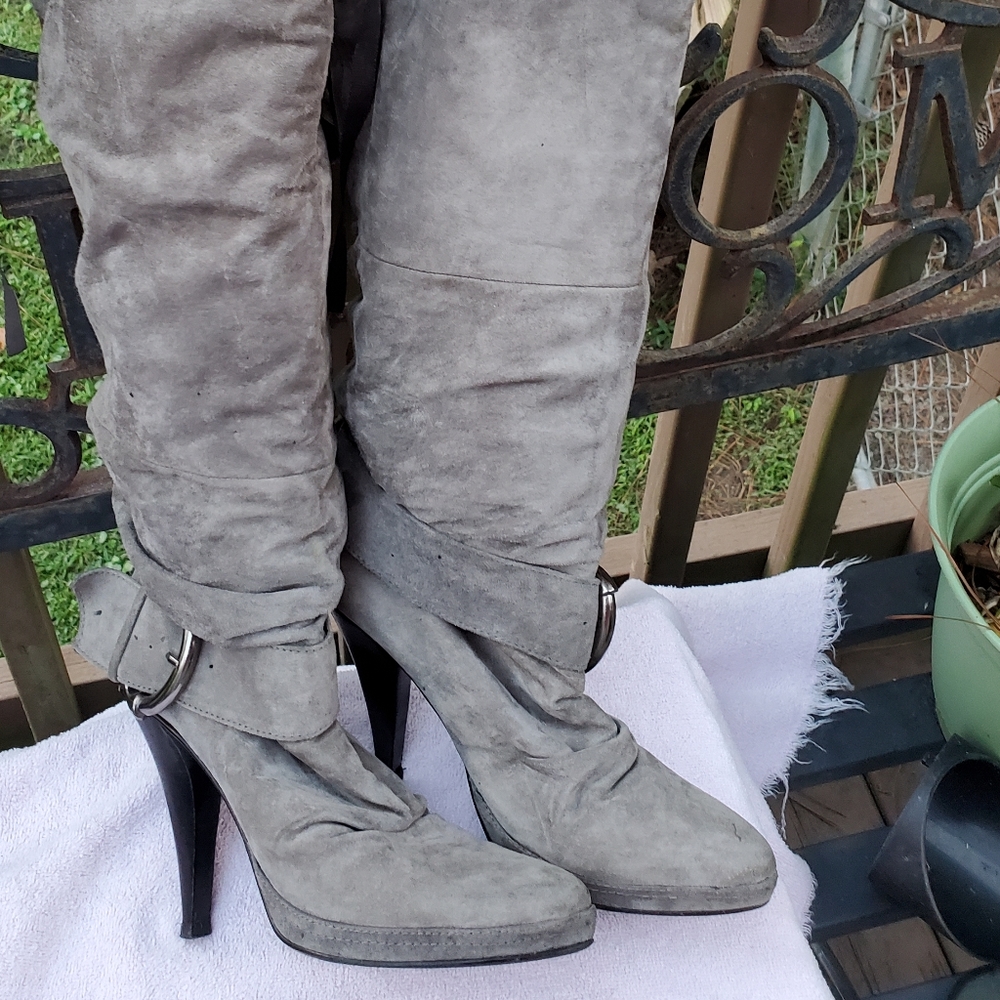Grey Suede Over the Knee Boots Size 6.5 with Lace Up Back Detail